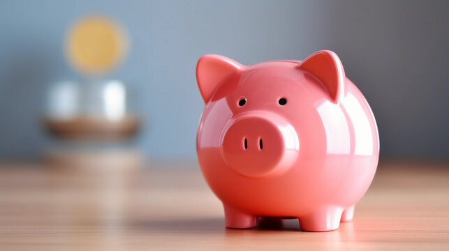 Pig piggy bank safe, money savings financial concept, ceramic piggy on wooden table top