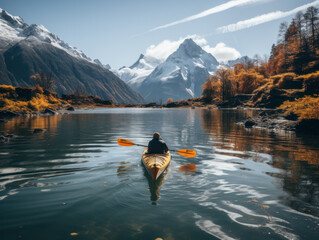 traveler kayaks on a lake