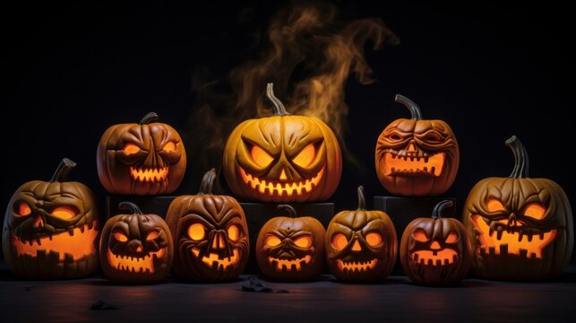 Halloween pumpkins illuminated by candlelight