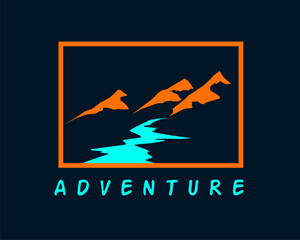 Illustration of hills or mountains and flowing river.