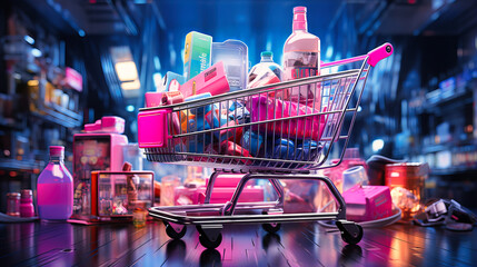 Futuristic carts auto-navigating to items based on shopping lists - obrazy, fototapety, plakaty