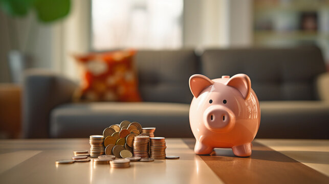 Piggy bank and stack of pennies in a table top in living room