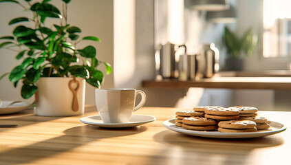 a table in a kitchen with a cup of coffee napkins and cookies - Powered by Adobe