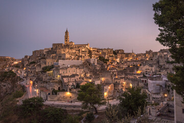 Fototapeta na wymiar Nocturnal Vista of Matera City, Basilicata, Italy - Historic Charms of Matera's Sassi District