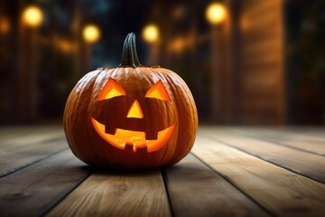 Fototapeta premium very scary halloween pumpkin inside on wooden floor