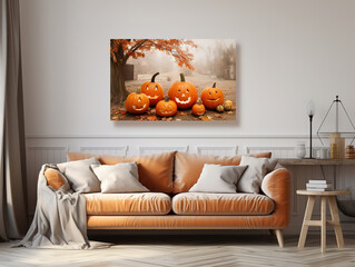 3D illustration .Canvas in a living room Halloween decoration. White Pumpkins. Generative Ai