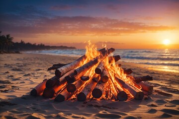 Inviting campfire on the beach during the summer, bring back fond memories - obrazy, fototapety, plakaty