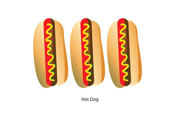 The vector isolated flat illustration of a hot dog depicts a fast food item suitable for use in posters, menus, brochures, websites, and as a fast food icon.