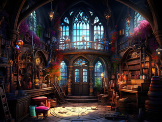wizard's room, Alchemist lab interior with wooden furniture. Generative Ai