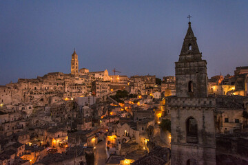 Fototapeta na wymiar Nocturnal Vista of Matera City, Basilicata, Italy - Historic Charms of Matera's Sassi District