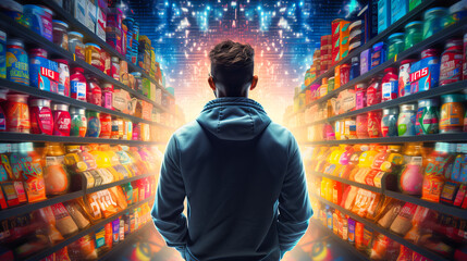 Man comparing two cereal boxes in an aisle, deep in thought, with rows of colorful choices surrounding him - obrazy, fototapety, plakaty