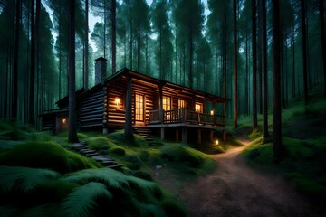 Twilight Tranquility: A Rustic Wooden Haven Amidst Pine Forest Serenity