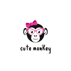 Cute Girl Monkey Glasses Logo Design Symbol Template Flat Style Vector Illustration