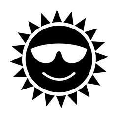 Black silhouette of smiling sun in sunglasses isolated on white. Heat, summer weather cartoon illustration. Summer, beach holidays concept. Simple black and white vector