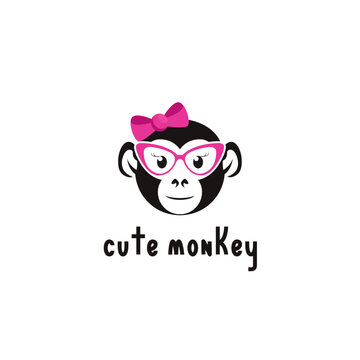 Cute Girl Monkey Glasses Logo Design Symbol Template Flat Style Vector Illustration