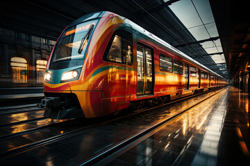 Fototapeta premium Subway speed modern train in motion on station. Fast moving modern passenger train on railway platform. Commercial transportation