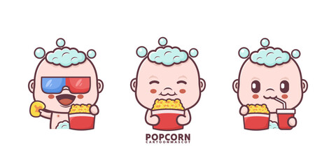 cute baby cartoon with popcorn. set cartoon vector with different expressions