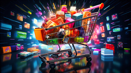 Overhead view of a shopping cart filled to the brim, with a mosaic of products creating a colorful palette - obrazy, fototapety, plakaty