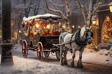 a sleigh with a white horse on the decorated snowy Street