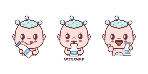 cute baby cartoon with milk. set cartoon vector with different expressions