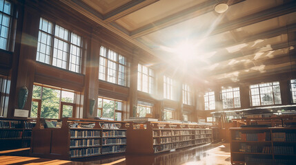 Public library interior, education and learning concept