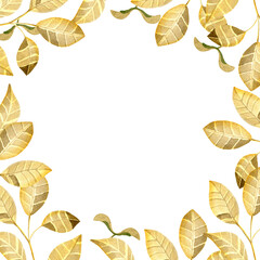  Watercolor frame with yellow autumn leaves. Decorative clipart for invitation or postcard. Isolated on white background.