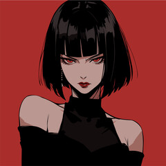 Dark-haired cool gothic anime woman with short haircut in neon colors. Manga comics style vector illustration. - obrazy, fototapety, plakaty