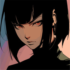 Fototapeta premium Dark-haired cool gothic anime woman with short haircut in neon colors. Manga comics style vector illustration.