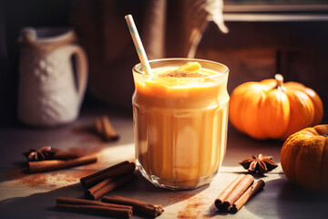 Autumn pumpkin spicy latte with whipped cream and cinnamon, Seasonal warming drink on a dark background