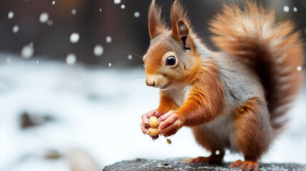 Squirrel Nibbles on a Fresh Hazelnut in winter time on snow background. Generative AI