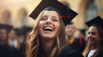 Happy and smiling young girl celebrates graduation from university. Generative AI