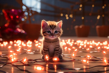 small kitten standing on floor near lighted heart strings