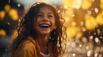 Portrait of a beautiful girl in the summer rain. Carefree and joyful atmosphere of happy childhood moments