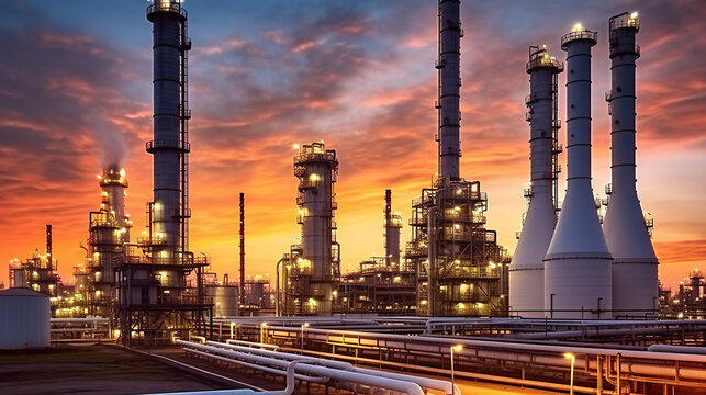 Oil and gas industry - refinery at sunset. Generative AI