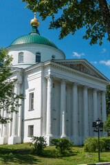 Yaroslavl, Russia, July 4, 2023. Church in the style of classicism on the embankment of the river.