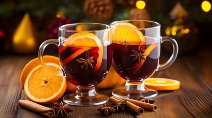 Two glasses of traditional christmas alcohol drink - mulled wine with cinnamon, anise and oranges