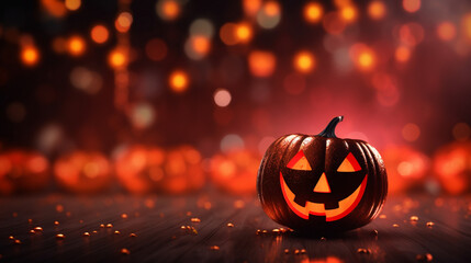 Halloween postcard with pumpkin. Jack O lantern. Festive background with shiny bokeh. Copy space. Generative AI