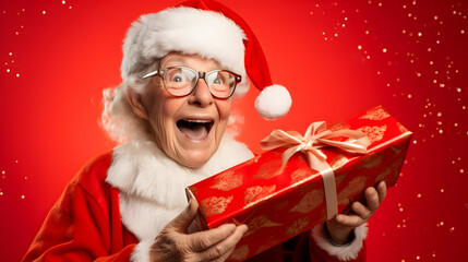 Fashionable fancy eccentric old lady in santa christmas outfit with presents on colorful background - obrazy, fototapety, plakaty