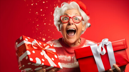 Fashionable fancy eccentric old lady in santa christmas outfit with presents on colorful background