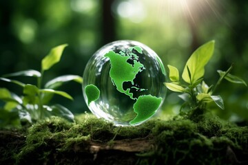 Globe Glass with save water icons In Green Forest With Sunlight. environment day and water day.clean renewable energy, Environmental protection concept of protecting the earth's water, Generative AI