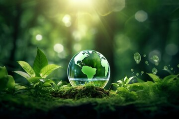 Globe Glass with save water icons In Green Forest With Sunlight. environment day and water day.clean renewable energy, Environmental protection concept of protecting the earth's water, Generative AI - obrazy, fototapety, plakaty