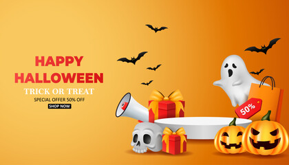 Halloween Sale Promotion Poster template, with pumpkins,cute ghost,shopping bag and gift Box .Website spooky or banner template. Illustration