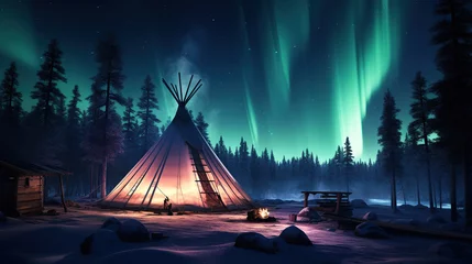 Fotobehang Awe-Inspiring Night Skies. Breathtaking Northern Lights Cast Their Magic in Yellowknife. Generative AI © lander