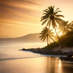 Golden background with palm tree.AI generated