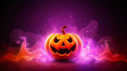 Halloween postcard with pumpkin. Jack O lantern. Festive border or frame in dark pink colors. Copy space. Generative AI