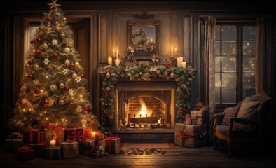 an living room with christmas tree Generative AI