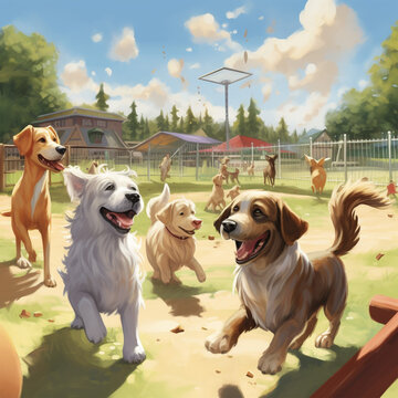 Illustration of dogs playing at the park on a sunny day with clouds in the sky