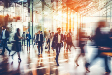 Businesspeople walking in the corridor of a business center, pronounced motion blur.  illustration of busy life concept