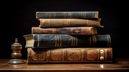 Vintage, antiquarian books pile on wooden surface in warm directional light. Selective focus.