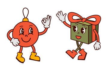 set of retro cartoon with Christmas gift and red ball